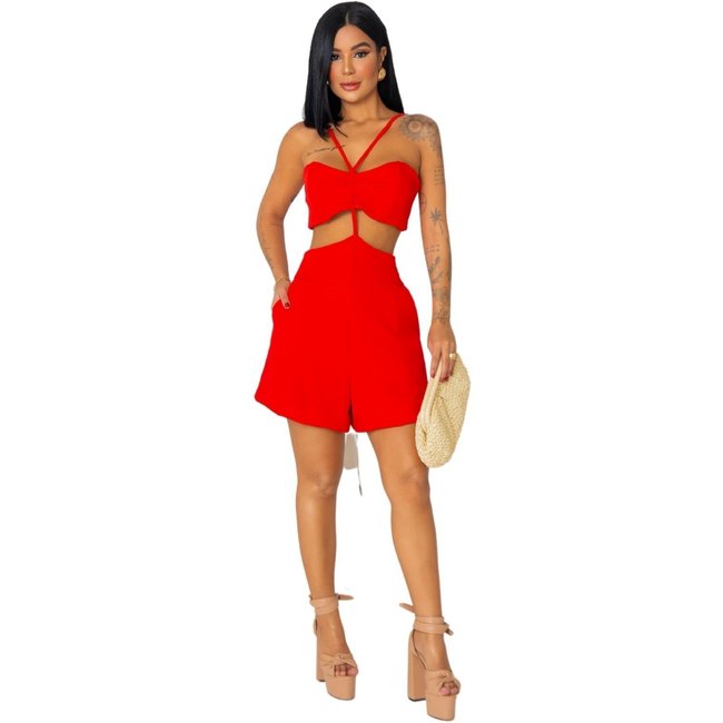 Macaquinho Cut Out Abertura Alfaiataria Bolsos Flavy Cia do vestido Vermelho