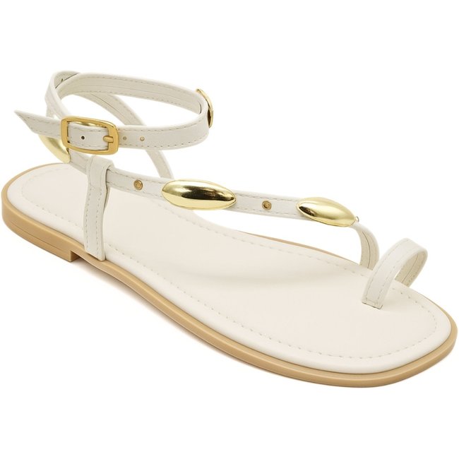 Rasteira Feminina Dedo Tiras Detalhes Ouro Estilo Chic Flor da Pele 309 Off White