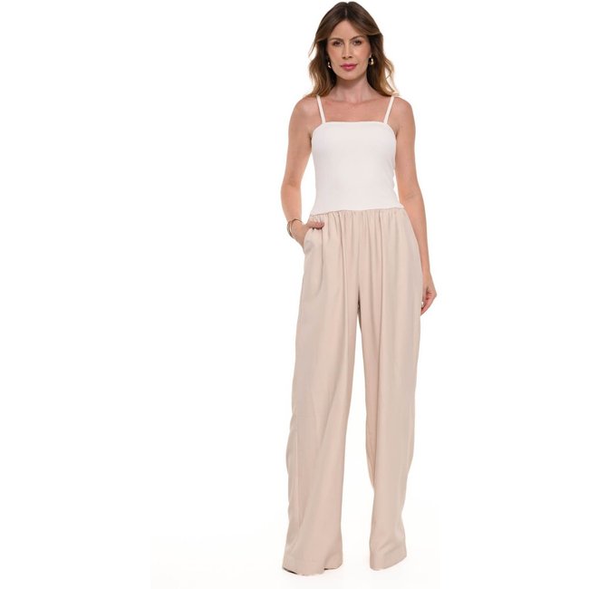 Macacão Bisô Canelado/Pantalona Off White/Bege - Bege