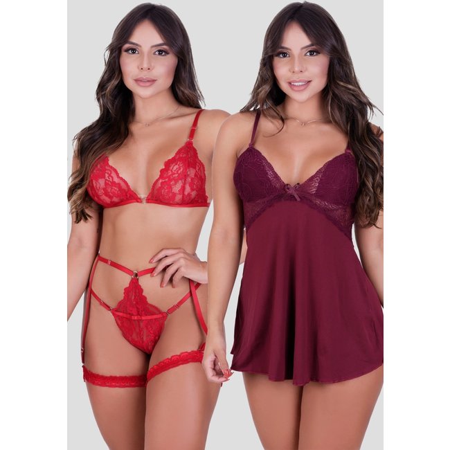 Kit Camisola Decote nas Costas Renda Vinho + Conjunto Cinta Liga Vermelho
