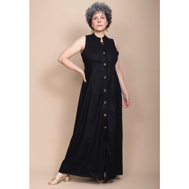 Vestido Amazônia Vital Longo de Botão Linho com Viscose Preto