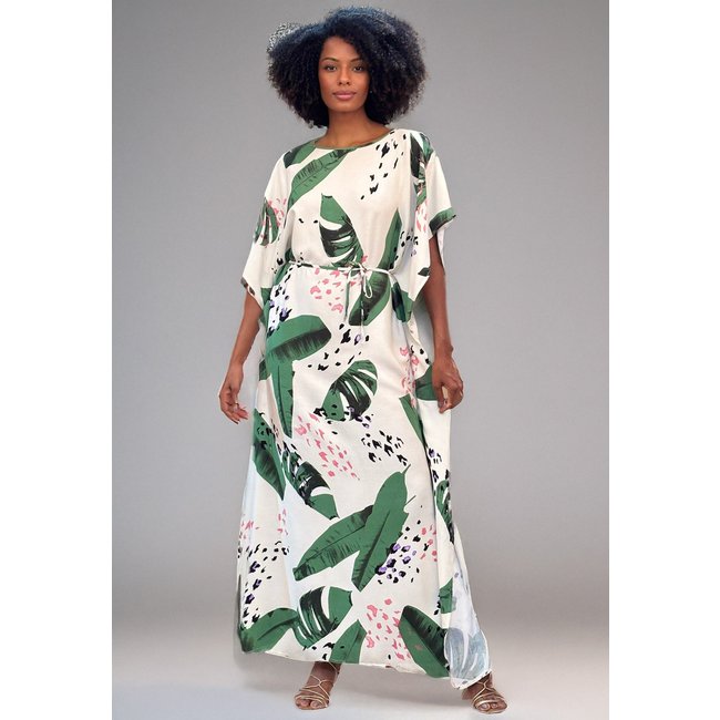 Vestido Amazonia Vital Kaftan Viscose Longo Estampa Folhagem Poética