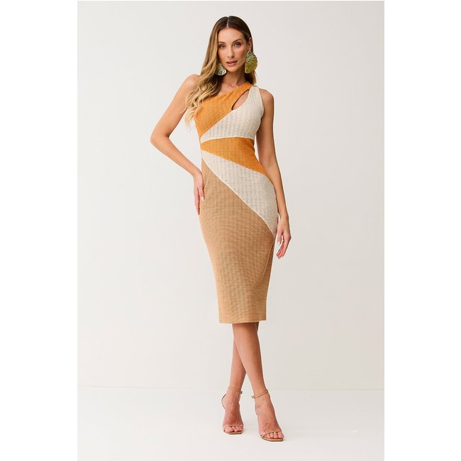 Vestido Super Midi Liso Com Recortes Marrom Cocada/natural/laranja Poente Charry
