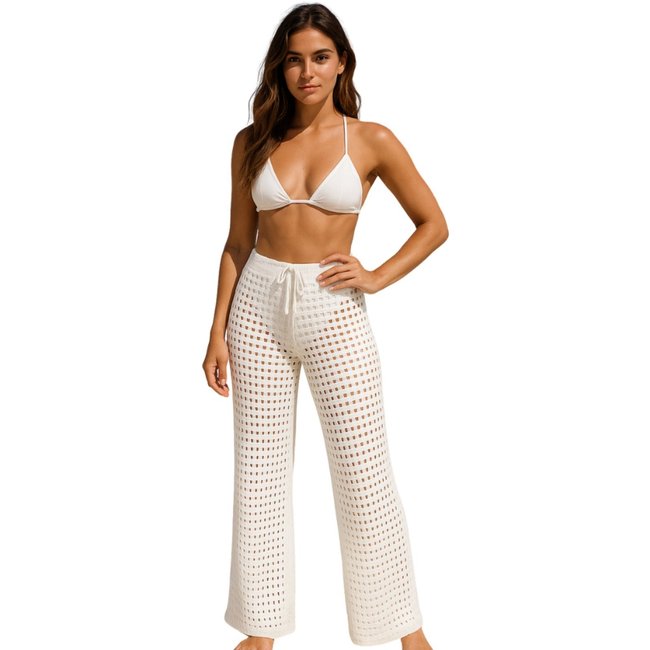 Calça Tricot Reflexo Íntimo Saída De Praia Pantalona Crochê Verão Branco