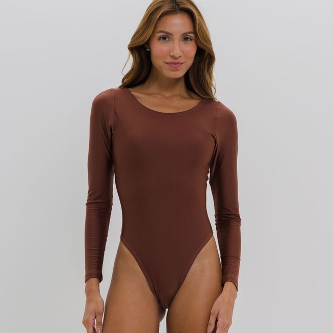 Body Maiô Luxo Manga Longa Modelador Com Bojo Cavado Marrom
