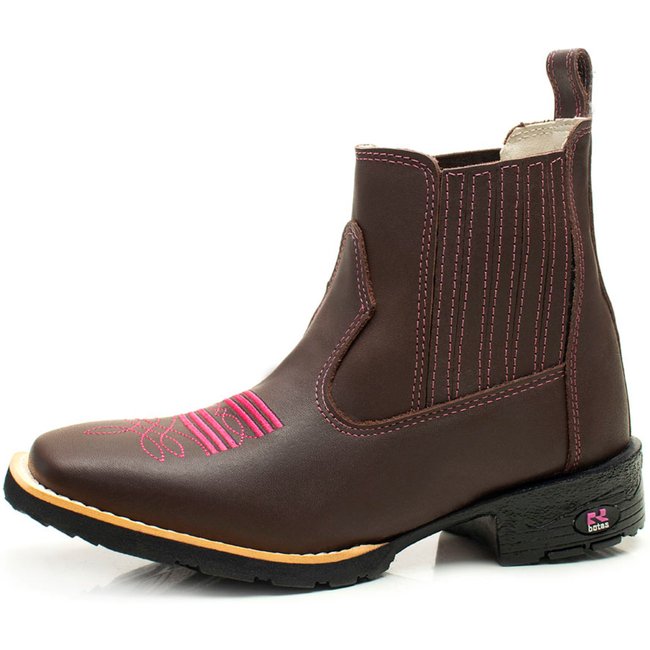 Bota Botina Feminina RR Botas Country Couro Com Bordado Bico Quadrado Marrom Rosa