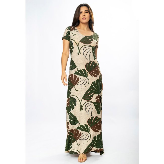 Vestido Longo Amazônia Vital Malha Gola Canoa Manga Curta Estampa Folhagem Verde e Marrom