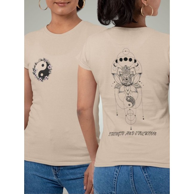 Camiseta Básica Feminina GuGi Flor De Lótus Yin Yang Nas Costas E Frente Caqui
