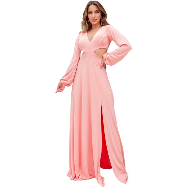 Vestido Longo de Inverno Manga Longa Abertura Fluity Rosa