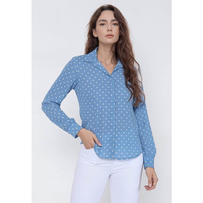 Camisa Intens Manga Longa Crepe Azul Poá
