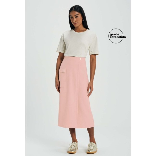 Saia Feminina Midi Comfy em Linho Marialícia Rosa