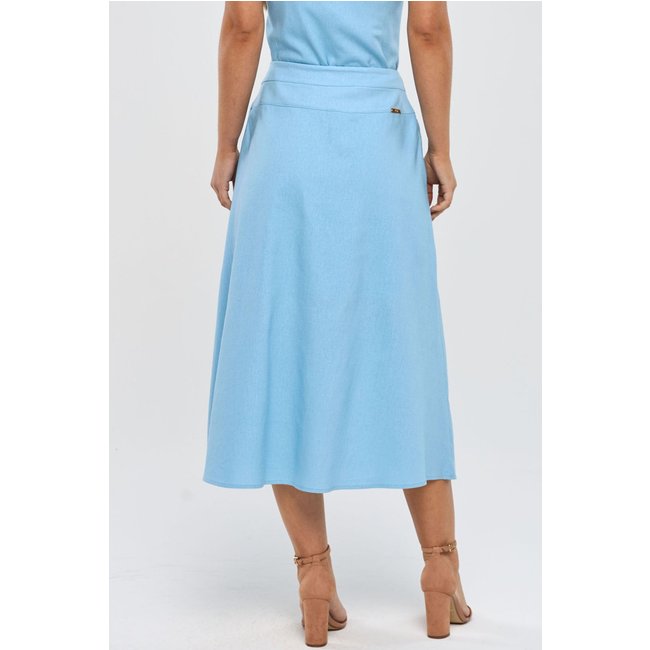 Saia Midi PKS Com Fenda Linho Azul