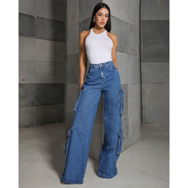 Calça Jeans Wide Leg Feminina Relaxed Cargo 24920 Sky Médio Consciência
