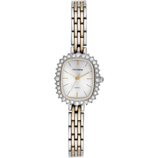Relógio Feminino Quadrado Cristais Prata e Dourado Mondaine