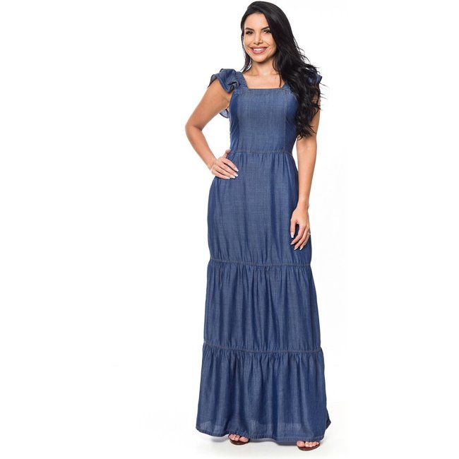 Vestido Longo Restrito Jeans Liocel com Lastex - AZUL ESCURO