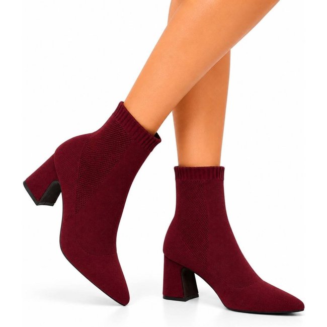 Bota Feminina Meia Tecido Knit Cano Curto Bico Fino Flor da Pele 184000 Vinho