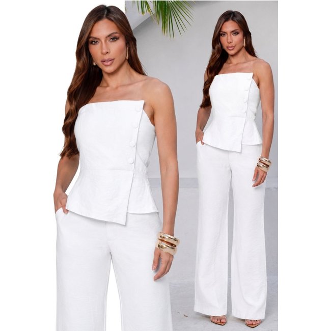 Conjunto Longo Feminino Divina Gata Blusa Tomara que Caia e Calça Pantalona - BRANCO