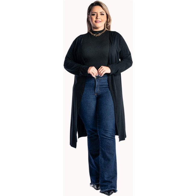Cardigan Plus Size Feminino Fendas Kimono Juquitiba Brasil Preto