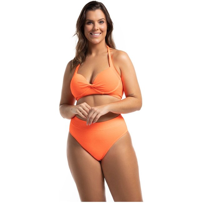 Conjunto Biquíni Top Meia Taça Calcinha Sunquini Anarruga Laranja Neon