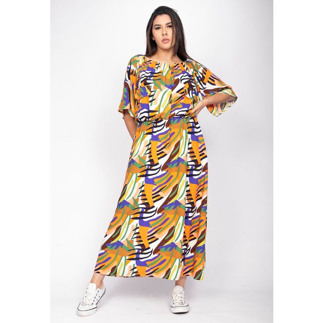Vestido Midi Cabanafree Ciganinha Viscose com Lapela Estampa Cores Vibrante