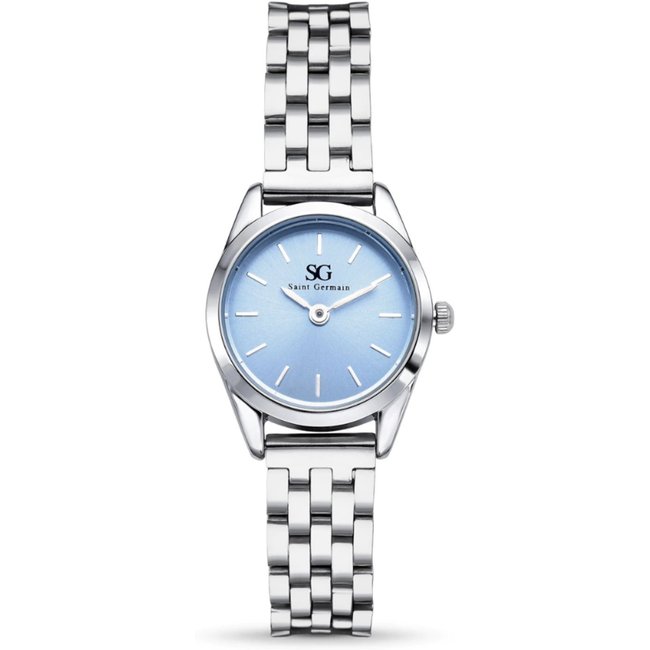 Relógio Feminino Saint Germain Mini Belle Fundo Azul Pequeno Metal Prata