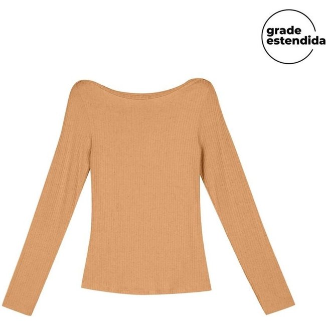 Blusa Feminina Comfy Manga Longa Canelada Marialícia Laranja