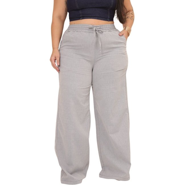 Calça Pantalona Plus Size Jeans Loka Feminina Com Elastico na Cintura