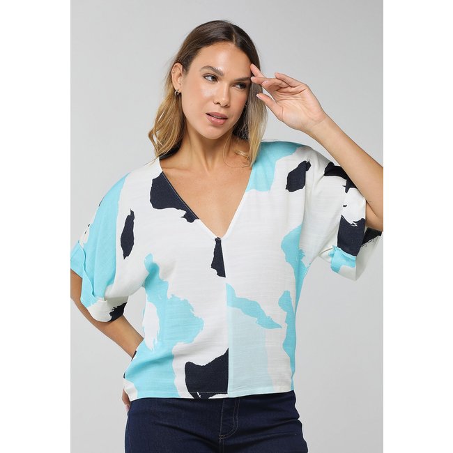 Blusa Feminina Lança Perfume Estampada Decote V Azul e Branca e Preta