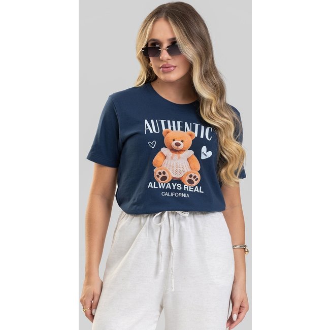 Camiseta Feminina Cianitas Azul Marinho Estampa Urso Authentic