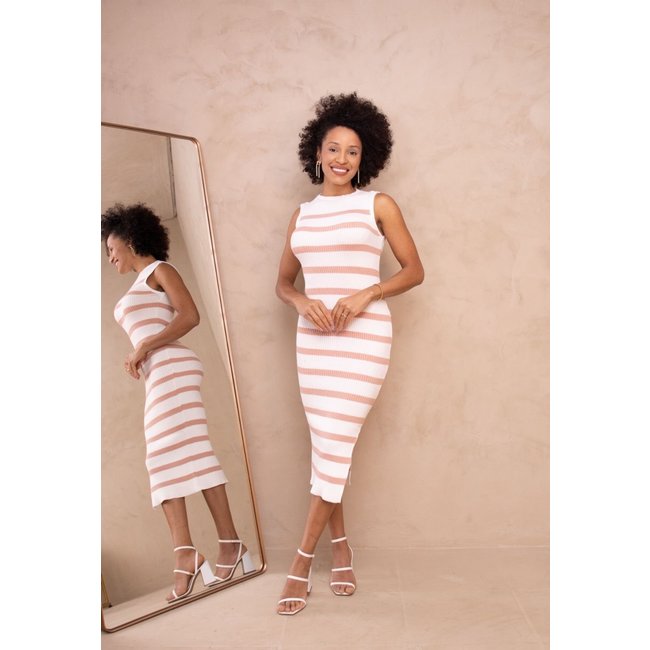 Vestido Midi Tricot Gola Reta Tubinho Listrado Elegante Gabina Rosa
