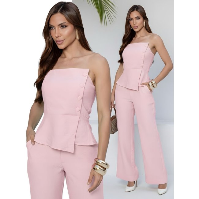 Conjunto Longo Feminino Divina Gata Blusa Tomara que Caia e Calça Pantalona - Rosa Sonata