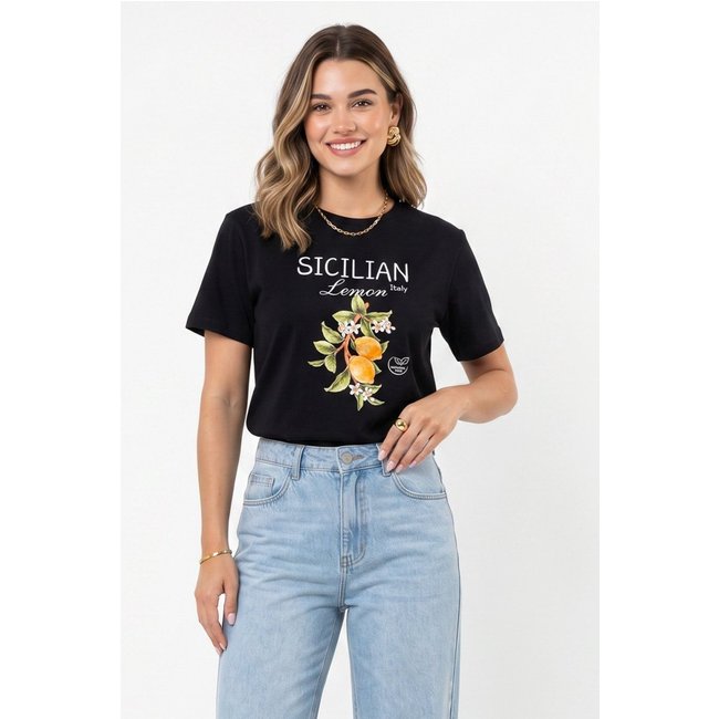 Camiseta Feminina Cianitas Preta Estampa Sicilian Lemon