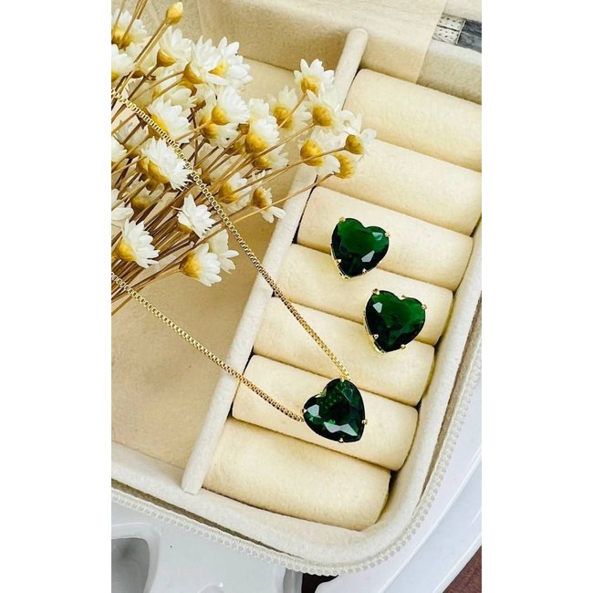 Conjunto Folheado a Ouro Coracao Esmeralda - Verde - mellow brazil