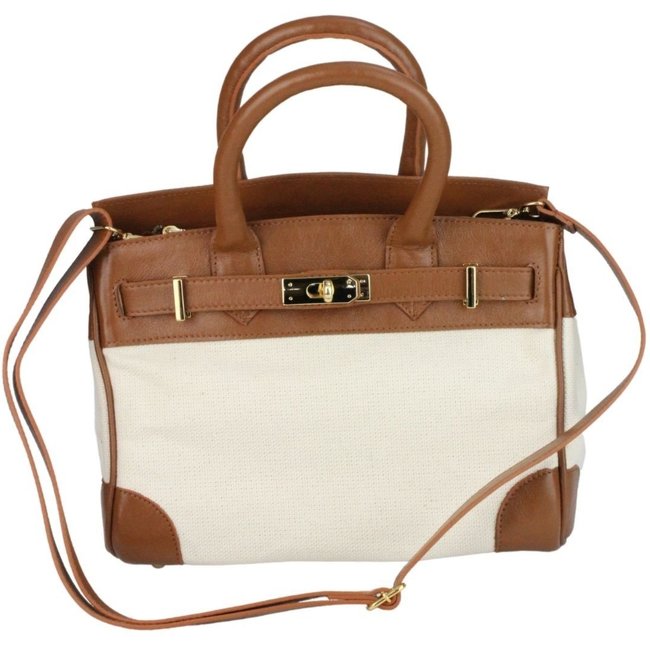 Bolsa Crisfael Couro e Lona Caramelo