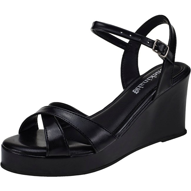 Sandália Feminina Anabela Plataforma Shekinah Confortável Tiras Em X Cruzadas Moda Preto