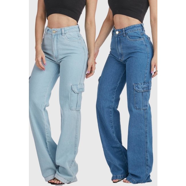 Kit 2 Calças Jeans HNO Jeans Wide Leg Cargo Hot Pant Bolso Lateral Azul Claro