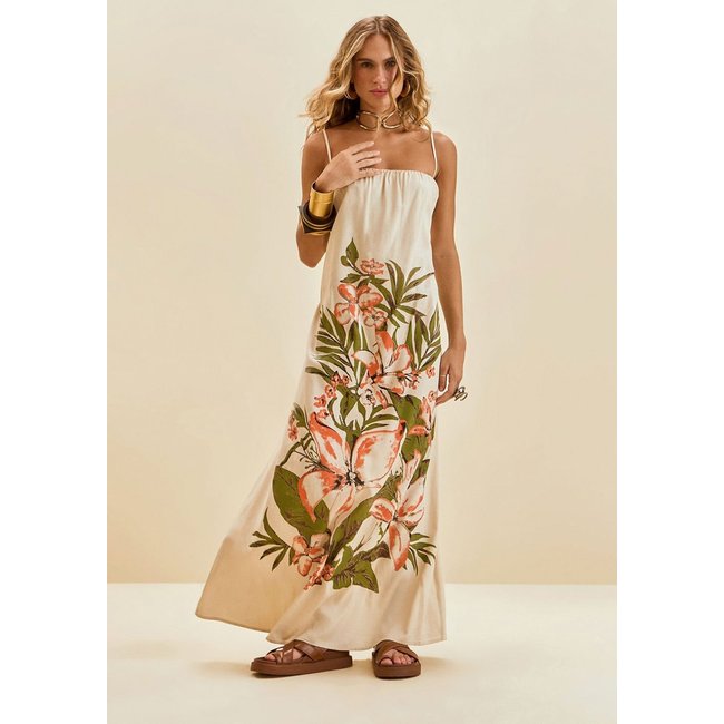 Vestido Morena Rosa Solto Decote Reto Sem Manga Longo Off Off-white