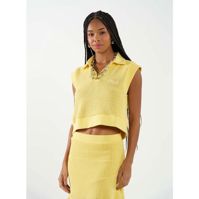 Blusa Polo Tricô Cropped sem Mangas Colcci CLC Amarelo Cornish