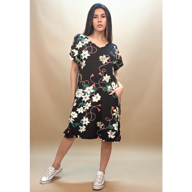 Vestido Curto Nheengatu Malha Estampa Preto Floral