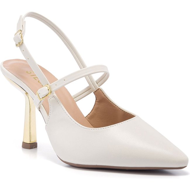 Scarpin Slingback Feminino Stessy Salto Alto Metalizado Com Fivela Off White