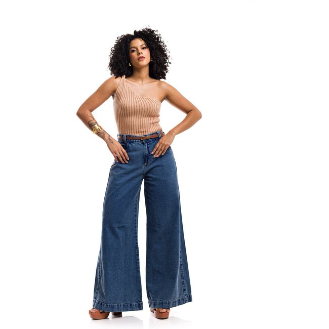 Calça Pantalona Restrito Jeans Com Cinto - Azul