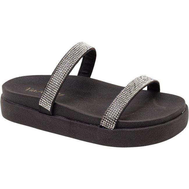 Sandália Feminina Papete Plataforma Flatform Tamanco Tira de Strass Via Angel 7402 Preto.