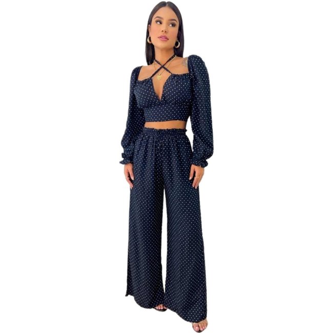 Calça Wide Leg Jasmin Viscose Poá Preto e Branco