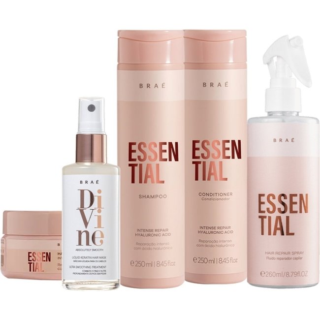 Kit Braé Essential Shampoo Condicionador Hair Spray Máscara e Divine Queratina Líquida (5 produtos)