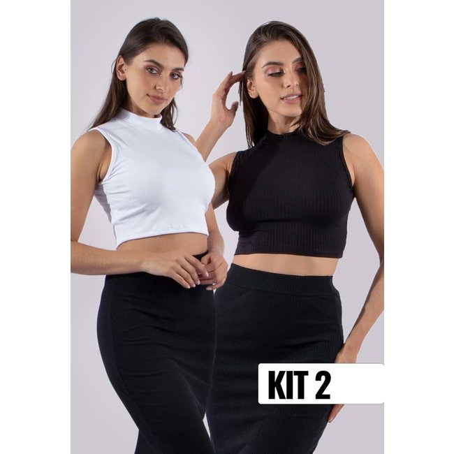 Kit 2 Blusas Cropped Gola Alta Diluxo Ribana Preto e Branco