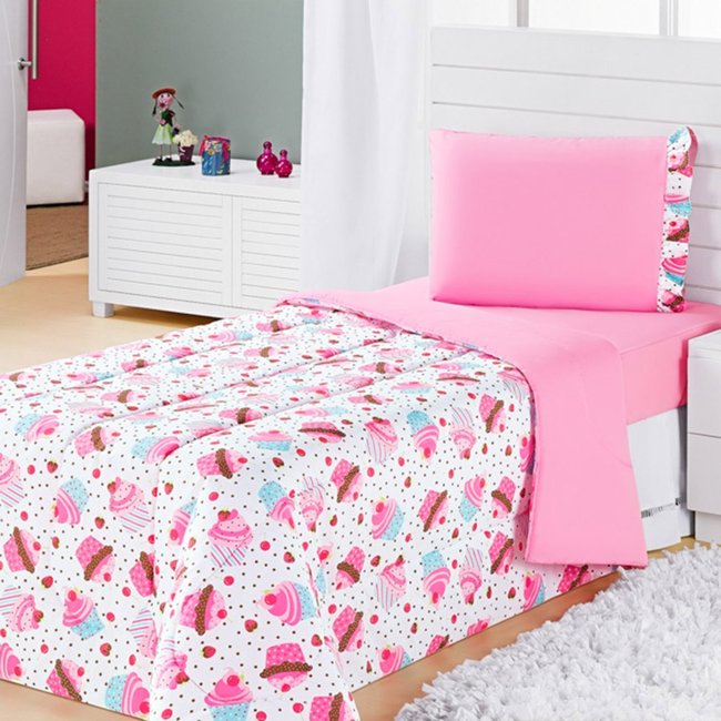Coberdrom Edredom Solteiro Alegria Dupla Face Cuokape - Rosa