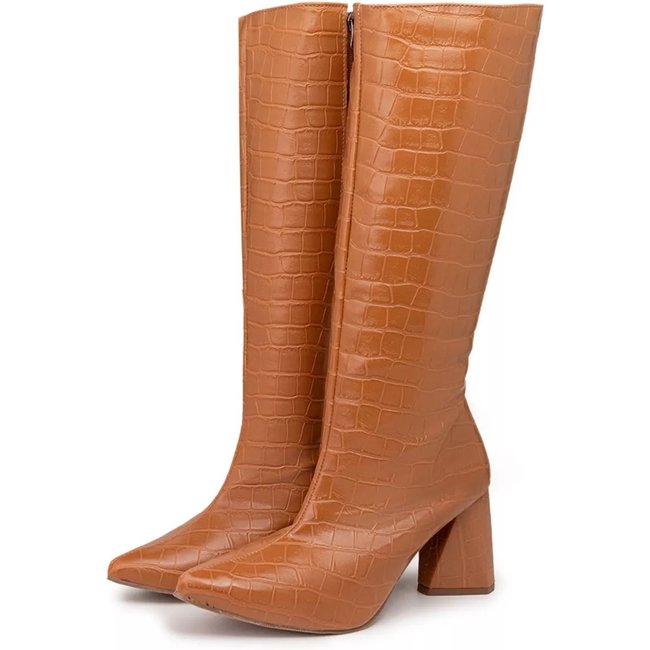 Bota Feminina Cano Longo Salto Triângulo 23020 Croco Whisky