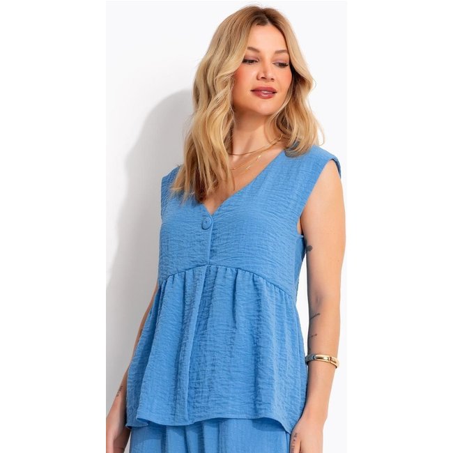 Blusa Peplum Azul Em Gaze Com Decote V E Botão Frontal - Quintess Quintess