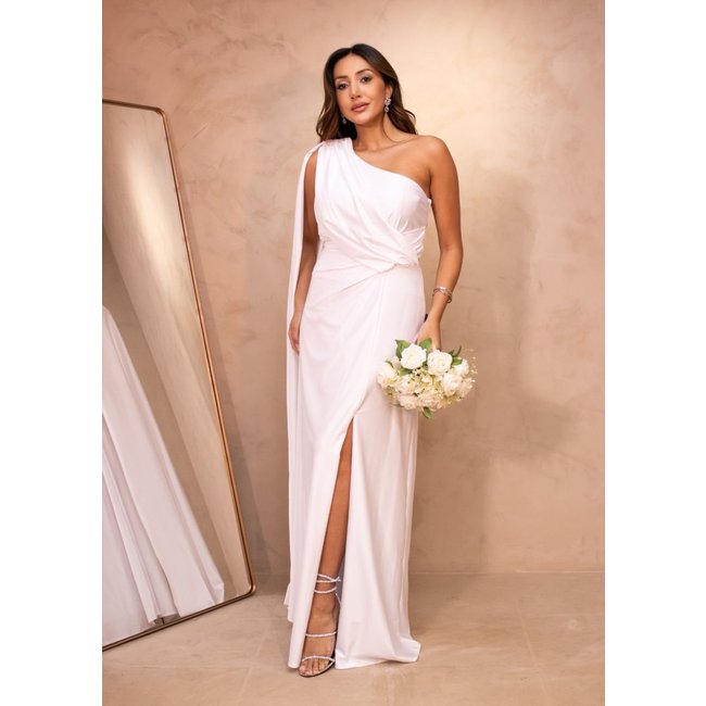 Vestido Longo de Festa de Noiva Noivado Casamento Civil Sereia um Ombro Acetinado Rejane Branco