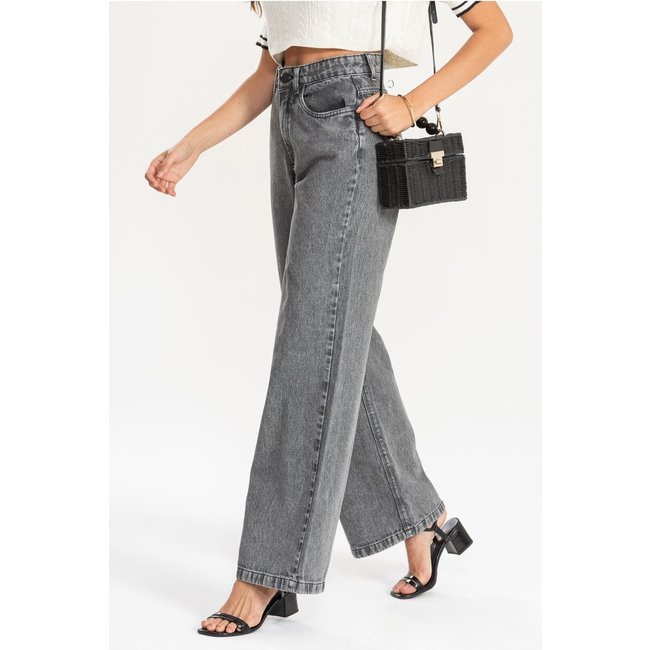 Calça Jeans Wide Leg Moon Cinza Feminina